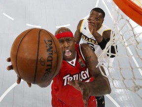 FILE: Al Harrington #3 of Trilogy attempts a shot while being guarded by Stephen Jackson #5 of the Killer 3's during BIG3 - Week Four at Little Caesars Arena on July 13, 2018 in Detroit, Michigan. /