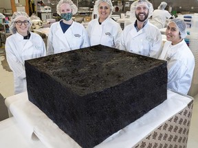 MariMed unveils what it calls the world's largest cannabis-infused brownie to celebrate the launch of its Bubby's Baked brand. Pictured left to right are MariMed kitchen confectioners Olivia Jodway, Kim Striar, Michelle Morse, Jake Dean, and Nikole Braga. /