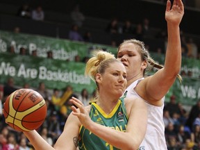 FILE: Lauren Jackson of the Opals looks to pass the ball during the Women's FIBA Oceania Championship match between the Australian Opals and the New Zealand Tall Ferns at AIS on Aug. 18, 2013 in Canberra. /