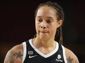 FILE: Brittney Griner #42 of the Phoenix Mercury during Game Three of the 2021 WNBA semifinals at Desert Financial Arena on October 03, 2021 in Tempe, Arizona. /