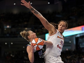 FILE: Courtney Vandersloot #22 of the Chicago Sky drives to the basket against Brittney Griner #42 of the Phoenix Mercury during Game Four of the WNBA Finals at Wintrust Arena on Oct. 17, 2021 in Chicago, Ill. /