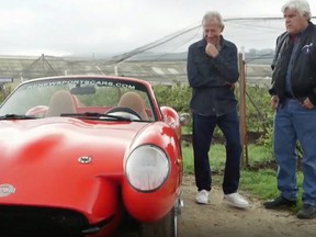 Screen grab of the cannabis car as seen on Jay Leno's Garage. Bruce Dietzen (left) with Jay Leno.