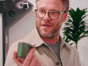 FILE - Seth Rogen shows off one of his ashtray designs during a tour of the Houseplant headquarters.