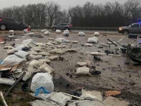 Police photo of cannabis scattered on road at crash scene. /