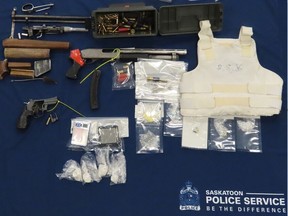 Items seized following the search of a 39-year-old man and subsequent search warrant at a home in Waldheim. The items include a loaded sawed off shotgun and .357 rifle, 40.1 grams of meth, 27.2 grams of cocaine and quantities of a number of other drugs.