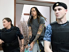 FILE: US WNBA basketball superstar Brittney Griner arrives to a hearing at the Khimki Court, outside Moscow on June 27, 2022. /