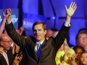 LOUISVILLE, KY - NOVEMBER 05: Andy Beshear celebrates with supporters after voting results showed the Democrat holding a slim lead over Republican Gov. Matt Bevin at C2 Event Venue on November 5, 2019 in Louisville, Kentucky.