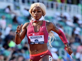 EUGENE, OREGON - JUNE 23: Sha'Carri Richardson runs in the Women 100m first round but did not advance to the next round
during the 2022 USATF outdoor Championships at Hayward Field on June 23, 2022 in Eugene, Oregon.