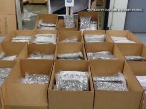 CBP photo of boxed cannabis found in dehumidifiers. /
