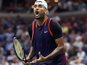 FILE: Nick Kyrgios of Australia reacts against Karen Khachanov during their Men’s Singles Quarterfinal match on Day Nine of the 2022 US Open at USTA Billie Jean King National Tennis Center on Sept. 6, 2022 in the Flushing neighborhood of the Queens borough of New York City. /