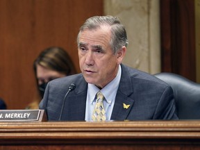 Sen. Jeff Merkley, D-Ore., questions Interior Secretary Haaland during a Senate Appropriations subcommittee hearing on the budget, Wednesday, July 13, 2022, on Capitol Hill in Washington. Lawmakers on Capitol Hill are pushing their Senate colleagues to pass legislation that would make financing easier for cannabis operations in the United States.