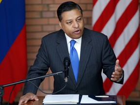 FILE: The Director of the US Office of National Drug Control Policy, Rahul Gupta, speaks during a press conference on the launching of several projects for the treatment and prevention of drug use, after meeting with the Colombian Government, in Bogota on Aug. 23, 2022. /