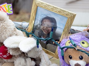 A memorial for Baeleigh Maurice at the crosswalk where she was struck on 33rd Street West. Photo taken in Saskatoon on Monday, October 25, 2021.