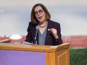 Oregon Governor Kate Brown speaks during the Opening Ceremony on day one of the World Athletics Championships Oregon22 at Hayward Field on July 15, 2022 in Eugene, Ore. /