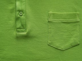 A green button down shirt with a pocket
