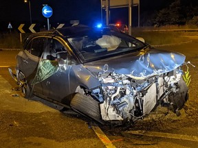 Police photo of heavily damaged vehicle before impaired driver left the scene. /