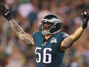 PHILADELPHIA, PA - SEPTEMBER 06: Chris Long #56 of the Philadelphia Eagles pumps up the crowd during the first half against the Atlanta Falcons at Lincoln Financial Field on September 6, 2018 in Philadelphia, Pennsylvania. (Photo by Mitchell Leff/Getty Images)