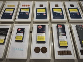 A variety of cannabis edibles are displayed at the Ontario Cannabis Store in Toronto on Friday, Jan. 3, 2020. Quebec prohibits edibles -- cannabis-infused food -- sold in the province from appealing to young people, forcing consumers to choose from a selection of products such as dried figs to get high. Industry insiders say the tough regulations are helping the black market thrive.