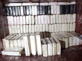 RCMP photo of portion of tonnes of cocaine illegal imported into Canada. /