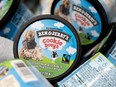 FILE - Ben and Jerry's ice cream is stored in a cooler at an event where founders Jerry Greenfield and Ben Cohen gave away ice cream to bring attention to police reform at the U.S. Supreme Court on May 20, 2021 in Washington, DC.