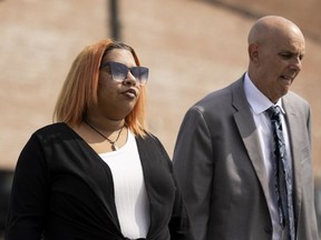 FILE - Deja Taylor arrives to the United States Courthouse in Newport News, Va., on Thursday, Sept. 21, 2023, with her lawyer James Ellenson. Taylor, the mother of a 6-year-old who shot his teacher in Virginia is scheduled to be sentenced Wednesday, Nov. 15, for using marijuana while owning a gun, which is illegal under U.S. law.