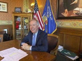 Wisconsin Assembly Speaker Robin Vos speaks during an interview with The Associated Press at the state Capitol in Madison, Wis., on Wednesday, Dec. 20, 2023. Vos said Republicans plan to introduce a bill in January to legalize medical marijuana in the state.