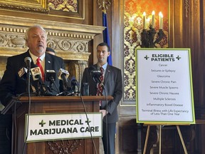 FILE - Republican Rep. Jon Plumer unveils a GOP proposal to legalize medical marijuana in Wisconsin at a Capitol news conference on Monday, Jan. 8, 2024, in Madison, Wis. Wisconsin Republicans appear to be at an impasse over a proposal to legalize medical marijuana. Assembly Speaker Robin Vos said Tuesday, Jan. 16, 2024, that he would not compromise with state Senate Republicans to address their concerns with his proposal.