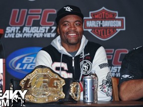 All smiles: Anderson Silva has reason to smile again this morning, having stopped Yushin Okami last night at UFC 134. (photo courtesy of Heavy MMA)