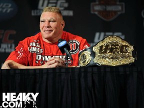 Brock Lesnar answers questions at the UFC 116 post-fight press conference. The former champion says he's healthy and ready to return to the cage. (photo courtesy of Heavy MMA)