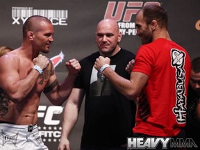Lytle (left) squares off with Brian Ebersole at UFC 127. The veteran welterweight has announced that tonight's fight with Dan Hardy will be his last. (photo courtesy of Esther Lin / Heavy MMA)