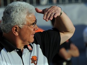 VANCOUVER,BC.: AUGUST 5, 2011-It may be a long way to go but BC Lions Wally Buono and team made the first step after  first win of season against Saskatchewan Roughriders   in CFL struggle  at Empire Field in Vancouver, B.C., on Friday night,  August 4, 2011. (Steve Bosch/PNG)