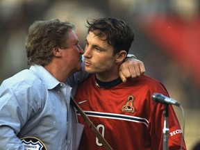 Joe Cannon of the San Jose Clash is hugged by his father Joe Cannon Sr. before the game against the Dallas Burn at the Spartan Stadium in 1999. (Jed Jacobsohn/Allsport)