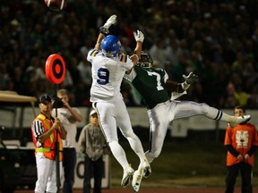 UBC's Sam Carino (9) knocks away potential score at the goal line from Saskatchewan's Dexter Janke on Friday in Saskatoon. (Saskatoon Star-Phoenix photo)