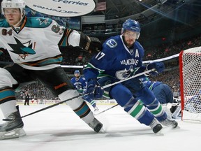 VANCOUVER, CANADA - MAY 24:  The Vancouver Canucks play the San Jose Sharks in Game Five of the Western Conference Finals during the 2011 NHL Stanley Cup Playoffs at Rogers Arena on May 24, 2011 in Vancouver, British Columbia, Canada.  Vancouver won 3-2 in double overtime. (Photo by Jeff Vinnick/NHLI via Getty Images) *** Local Caption ***