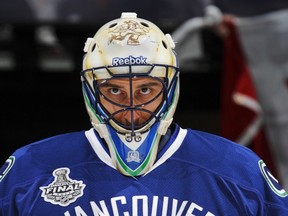 VANCOUVER:  Roberto Luongo prepares to face the Boston Bruins in Game 7 of 2011 NHL Stanley Cup Final at Rogers Arena. Boston won 4-0. (Photo by Jeff Vinnick/Vancouver Canucks)