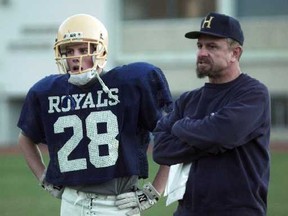 Former Handsworth coach Joe Bell with player Wyatt Hartley during the 1997 season. (Chris Relke, PNG file photo)