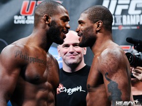 Jon Jones and Quinton "Rampage" Jackson go face-to-face at Friday's weigh-in. (photo courtesy of James Law / Heavy MMA)