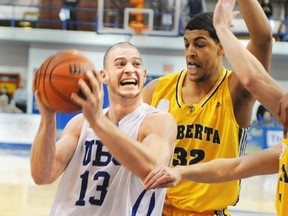 UBC's Graham Bath and the rest of the T-Birds hit the hardwood Friday at War. (Steve Bosch, PNG photo)