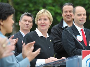 VANCOUVER, BC.: SEPTEMBER 21, 2011 -- NPA (Non-Partisan Association) Suzanne Anton announces promise to bring streetcars to Vancouver, if she is elected mayor, in Vancouver, B.C., September 21, 2011.

(Arlen Redekop photo/ PNG)

(For story by [reporters])

00056029A