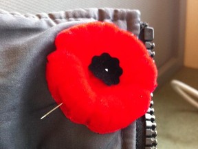 After the pin goes through your lapel, it goes through the edge of the poppy itself to lock it on.