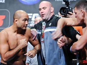 Dana White breaks up a scuffle between UFC 137 main event opponents BJ Penn and Nick Diaz yesterday at weigh-ins. (photo courtesy of James Law/Heavy MMA)