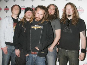 LONDON - JUNE 13: (L-R) Bjorn Gelotte, Daniel Svensson, Peter Iwers, Jesper Stromblad, Anders Friden of In Flames arrives at The Metal Hammer Golden Gods Awards at the The Astoria 13, 2005 in London, England. The annual tongue-in-cheek awards ceremony is organised by Metal Hammer magazine. (Photo by Jo Hale/Getty Images)