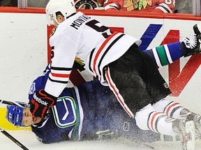 Steve Montador lowers the boom on Manny Malhotra in 2011.