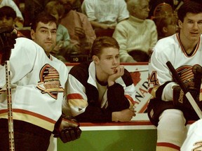 Jeff Brown (left) and Pavel Bure (centre) connected on the greatest breakaway in Canucks history. (Arlen Redekop/PNG files)