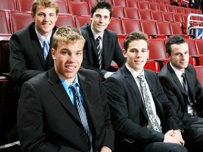 Then prospects Cam Fowler, Taylor Hall, Erik Gudbranson, Tyler Seguin and Brett Connolly pose before Game 4 of the 2010 NHL Stanley Cup Final. (Jim McIsaac/Getty Images)