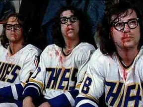 The Hanson Brothers (David Hanson as Jack Hanson, , Steve Carlson as Steve Hanson, and  Jeff Carlson as Jeff Hanson in Slapshot (1977). CREDIT: Courtesy of Universal Studios Licensing LLP