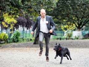 Vancouver, B.C. - October 3, 2011 - NPA council candidate Jason Lamarche calls for a ban on dog sales in Vancouver on Monday, October 3, 2011 at Nelson dog park. ( Glenn Baglo / PNG ) ( For Andy Ivens  / THE PROVINCE  )