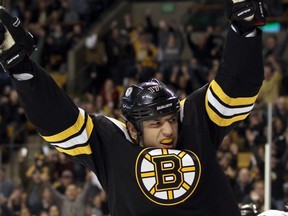 BOSTON — Milan Lucic celebrates his goal in a 5-3 win over Ottawa on Nov. 1. The Bruins winger can also celebrate not being suspended for his hit that concussed Ryan Miller on Saturday night. (Getty Images/via National Hockey League).