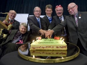 Current and former Vancouver mayors Sam Sullivan, Philip Owen, Gregor Robertson, Mike Harcourt and Larry Campbell cut a birthday cake  April 6 for famed city band leader Dal Richards. Owen, Sullivan, Harcourt and Campbell called for an end to marijuana prohibition on Wednesday. WARD PERRIN/PNG FILES