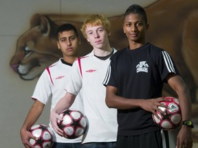 Enver Creek's (left to right) Prab Dhillon, Jimmy Howells and Nick Prasad will try to lead the school to its first ever BC high school championship in any sport beginning Thursday when the BC 3A soccer tournament opens up at Burnaby Lakes. (Ward Perrin, PNG photo)